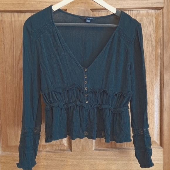 American Eagle Teal Green Blouse With Lace - Picture 2 of 6